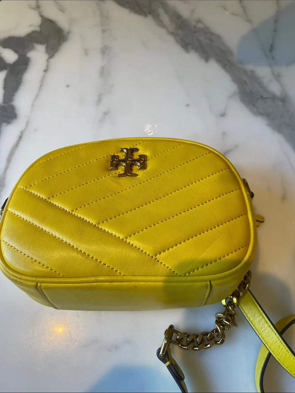 Tory Burch Kira Lemon Yellow Quilted Leather Crossbody Camera Bag